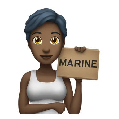 Woman holding a sign with written « MARINE » sticker