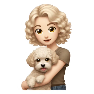 pale white girl with curly black hair holding light brown bichpoo puppy sticker