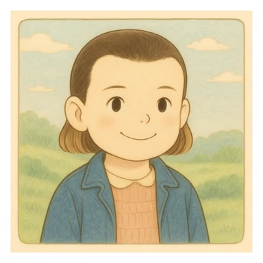 Eleven from Stranger Things with a smiling expression, simple and delicate line art as in the reference drawing, colored in pastel tones, in Ghibli style, square 1:1 format. sticker