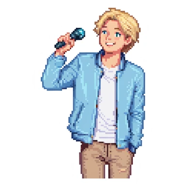 Pixel art style, expressive male performer, Caucasian features, short sandy blonde hair, lively eyes, wide cheerful smile, wearing a sky blue jacket over white tee, tossing a microphone in one hand, waist-up, front-facing sticker