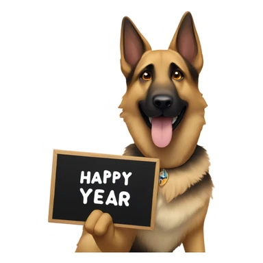 Blonde and brown German shepherd holding a sign that says “Happy New Year” sticker