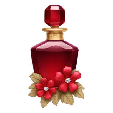 Dark red sophisticated perfume bottle with red stock flowers and a crystal ornament sticker