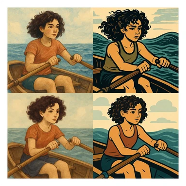 kıvırcık saçlı, kürek çeken kız, farklı stillerde sticker