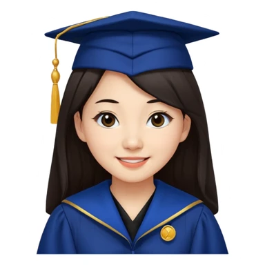 带着学士帽的，深棕色长发，黄种偏白皮肤的，高鼻梁，不戴眼镜的女博士生，在单只眼眨眼并开朗的笑，年龄26岁，学士服全身深蓝色短绒质地，但是黑领子， sticker