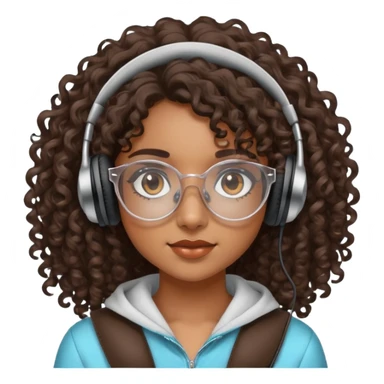 Chica morena con cabello crespo, con lentes transparentes y que tenga los ojos cafés oscuro. Y con unos audífonos en las manos. sticker