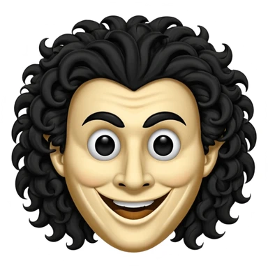 generate theatre wooden mask emoji with a big curly black hair 

wide black coloured smile, long and pointy white nose with no nostrils, pitch black eyes sticker