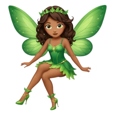 Pretty girl with caramel skin. Dark brown hair and brown eyes. She has freckles. Wearing sexy makeup. Wearing a green fairy costume and heels and flying sticker