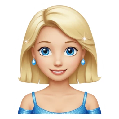 make this real, blond, below shoulder, blue eyes, 50s, sparkle in the eyes, fun, smile, no earings, relaxed style sticker