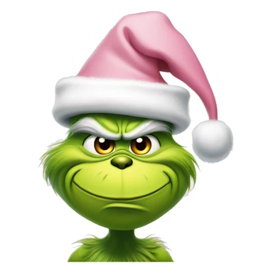 grinch face with a smirk wearing a light pink santa hat sticker