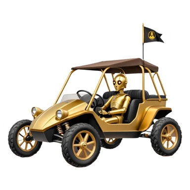 Old American West tarnished neon underglow C-3PO bounty hunter 1854 delicately ornate rosegold accents painted dune buggy buckboard wagon powered by electric motors and batteries with safety and belts flying rapidly roughening terrain stable on strong agile advanced suspension and steering sticker