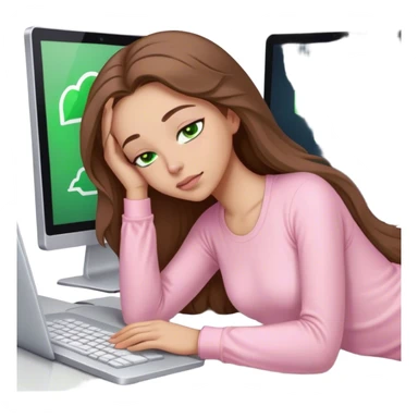 pretty woman with very long brown hair and green eyes and light pink outfit sleeping working on a computer sticker