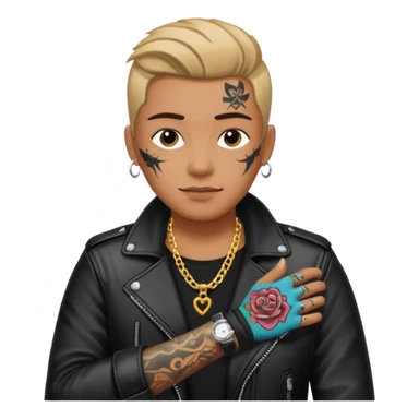 a rockstar wearing necklace, leather jacket, having tattoo sticker