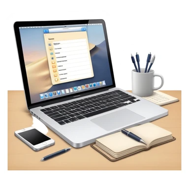 MacBook with booking app open beside vintage paper notebook and pen sticker