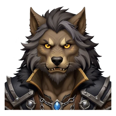 Cinematic Realistic WoW Worgen Portrait, depicted as a fearsome blend of man and beast, with rugged, dark fur intermingling with tanned, weathered skin. His piercing amber eyes and fierce expression are framed by disheveled hair and subtly detailed, worn leather attire in dark, consistent hues. Rendered with lifelike texture and dramatic, natural lighting, high shine, noble and formidable, capturing the primal nobility of a legendary worgen warrior. sticker
