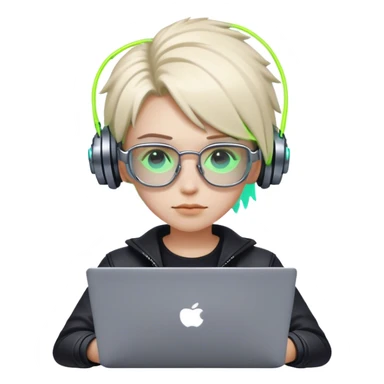 An emoji of a person with a laptop, but wearing cyberpunk glasses and with a slight neon glow sticker