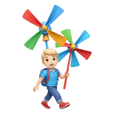 cute boy carrying a toy windmill backpack, colorful windmill spinning on the back, happy expression, casual outfit, 3D cartoon, mobile game icon style, clean background, no text, no watermark
 sticker
