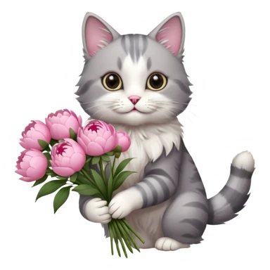 Cute cat Handing pink peonies like reaching a hand and handing them out a bouquet of them not a physical hand the cats hand  make the cat fluffy and grey and white fluffier sticker