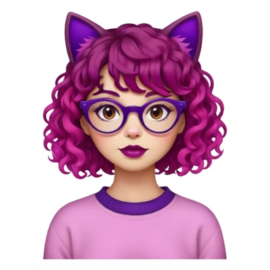 Woman wearing makeup with red and dark purple split dye curly hair and straight bangs wearing cat eye glasses and a pink sweater sticker