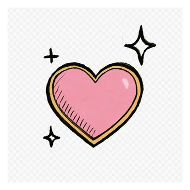 3D effect on a large pink heart with sparkles and gold outline, hand drawn black outline style, white clean background sticker