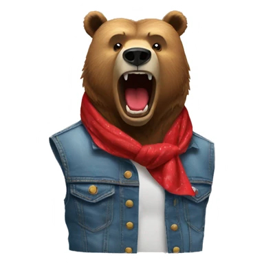 grizzly bear wearing sleeveless jean jacket and red bandana with open mouth sticker