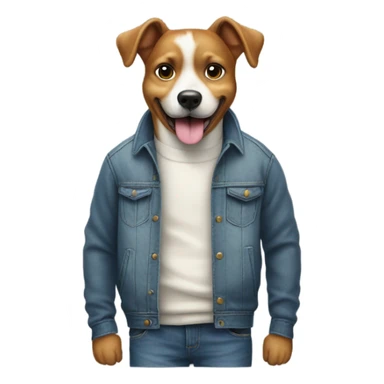 dog wearing jumper and jeans with hands in pockets standing while grinning like a human sticker