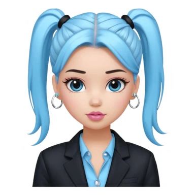 generate a pretty bratz girl wearing a light blue full sleeve shirt, silver small hoops, pink lipgloss, black blazer, hair tied up in a ponytail (black hair) sticker