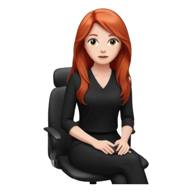 Video call therapy session: red-haired therapist with long hair wearing black minimalist clothing, seated in a professional home office, looking at the webcam; calm, modern teletherapy setting sticker