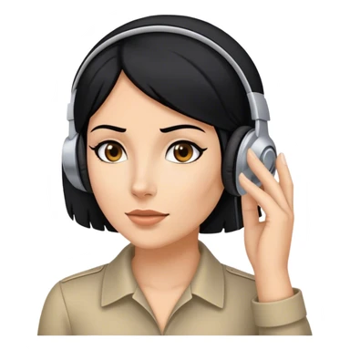 white Woman  with black hair with headset and her hand in her left ear like trying ti hear better like a spy  sticker