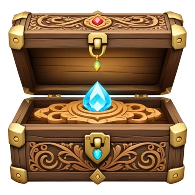 magical wooden box with intricate carvings, glowing softly, holding necklaces inside sticker