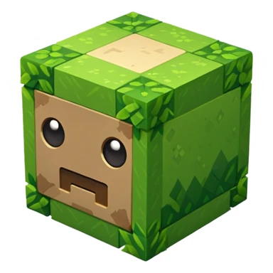 Minecraft grass block, isometric, simple face, emoji style sticker