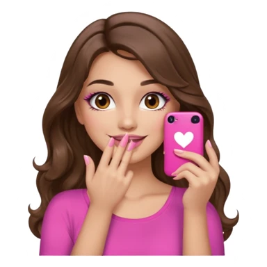 girl with long wavy brown hair, brown eyes, long lashes makeup, sexy pink lips, light to medium complexion, pink sexy top, smiling, hand covering mouth sticker