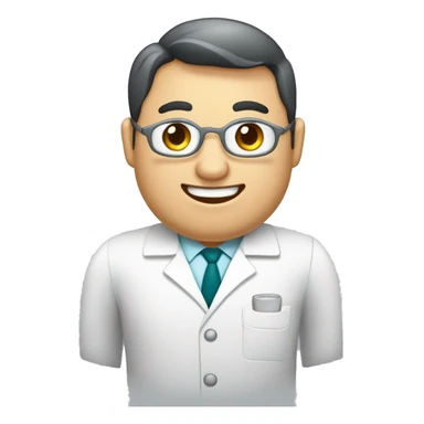 Crea un avatar de medio cuerpo de un dentista gordito con ojos grandes , cara fina, pelo cafe , ojos grises, uniforme blanco sticker