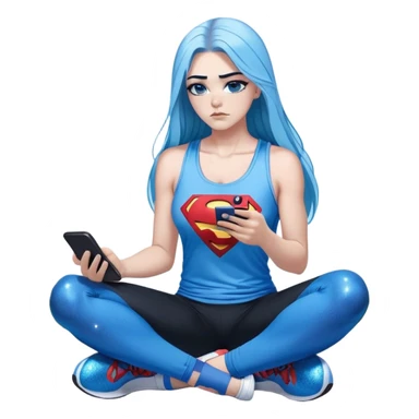 Shameful disappointed crying-very very very very big chest-texting on a samsung cell phone-very long straight flowing black to sky blue hair ombre-blue eyes-black eyeliner-long eyelashes-plastic sparkling sky blue very low cut tank top with sparkling superman logo-black leggings-nike sneakers sticker