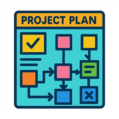 vibrant cartoon style project plan with sticky notes and arrows sticker