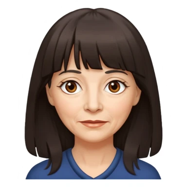 60 yr old woman, small brown eyes, long dark hair, bangs,  sticker