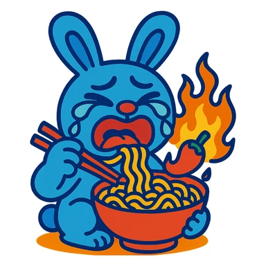 blue bunny crying while eating spicy ramen, vibrant-toon style sticker