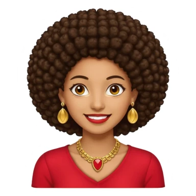 Brownskin girl dark brown hair afro brown eyes smiling red shirt gold esrrings gold necklace sticker