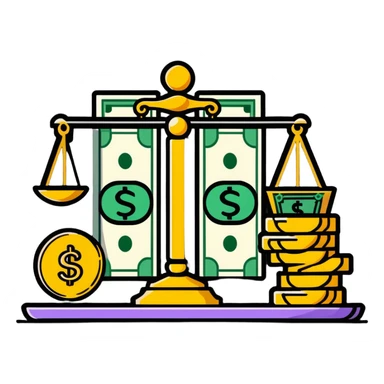 gold scale with cash on one side and beauty products on the other sticker