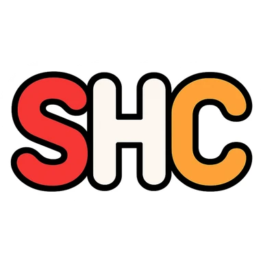 rounded playful style letters SHC with S in red, H in white, C in orange sticker