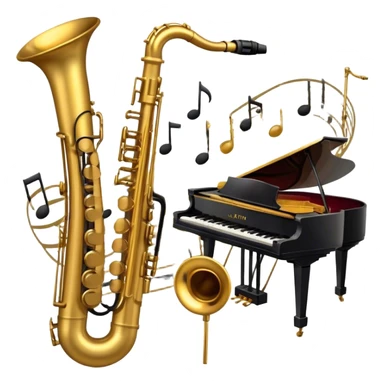 Create a vibrant emoji representing jazz vocal performance. The design should feature a vintage microphone, with musical notes swirling around it, symbolizing the improvisational and expressive nature of jazz singing. Add subtle elements like a jazz trumpet and saxophone in the background to represent the ensemble often accompanying jazz vocals. Include a set of piano keys or a grand piano in the design to reflect the jazz club atmosphere. Use warm, rich colors like deep gold, black, burgundy, and silver to create a soulful and elegant vibe. The background should be transparent. sticker