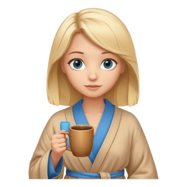 cozy blonde girl with middle length hair and blue eyes holds a brown cup in beige  robe sticker