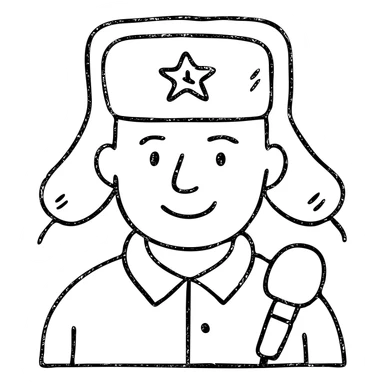 Russian army military blogger wearing an ushanka hat sticker