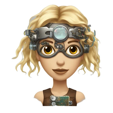 Brown long hair with blonde steaks female cyborg head, fair skin, steampunk goggles and circuits sticker