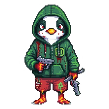 A cute half-dolphin half-penguin thug with a gun, green hoodie with blood stains, wearing Dollar General shorts sticker