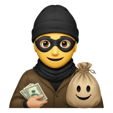 smiley robber wears black eye mask and black beanies with one money bag beside him sticker