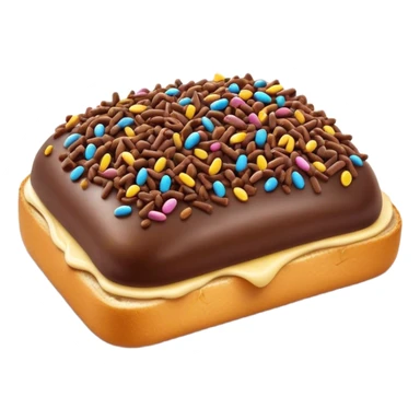 Cinematic Realistic Hagelslag Treat Emoji, depicted as crunchy chocolate sprinkles on buttered bread rendered with vivid textures and playful, inviting lighting. sticker
