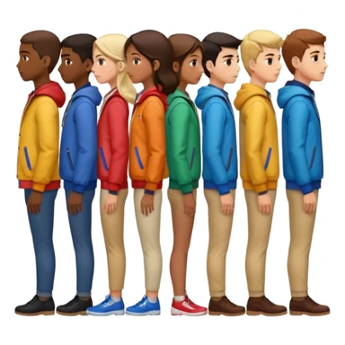 A row of five people standing one behind the other, all facing to the right, side view. sticker
