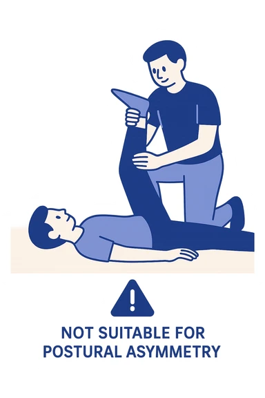 vertical illustration of a person assisted by a partner doing passive leg stretching, with a warning symbol suggesting not suitable for postural asymmetry, educational style, no background sticker