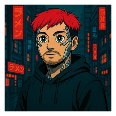 Add cybernetic implants to the Asian man, make the eyes a bit bigger, keep round face, less mustache, a bit of beard, red hair, black hoodie, Japanese cyberpunk anime style, futuristic city background sticker
