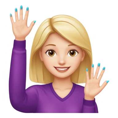 a girl with one hand raised, displaying a shiny new nail, smiling face sticker